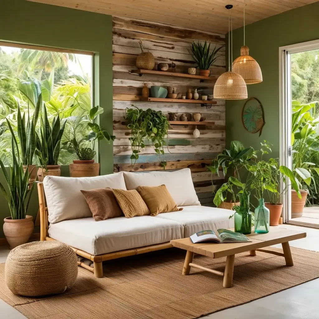 Décoration écologique salon Guadeloupe mobilier bambou plantes dépolluantes matériaux durables