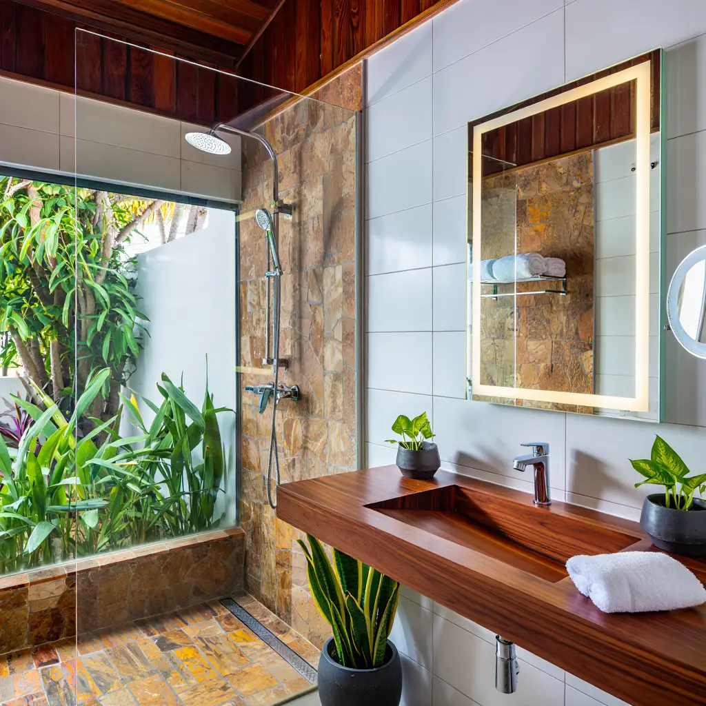 Aménagement salle de bain moderne Guadeloupe douche italienne bois tropical carrelage