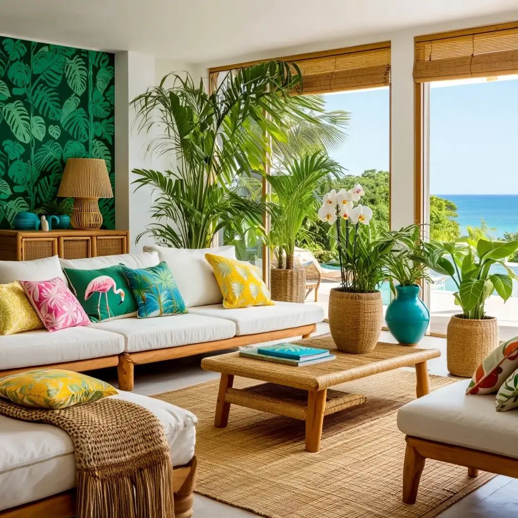 Salon décoration tropicale Guadeloupe rotin plantes vertes couleurs vives style caribéen